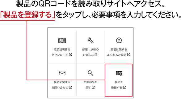 製品のQRコードを読み取りサイトへアクセス。「製品を登録する」をタップし、必要事項を入力してください。